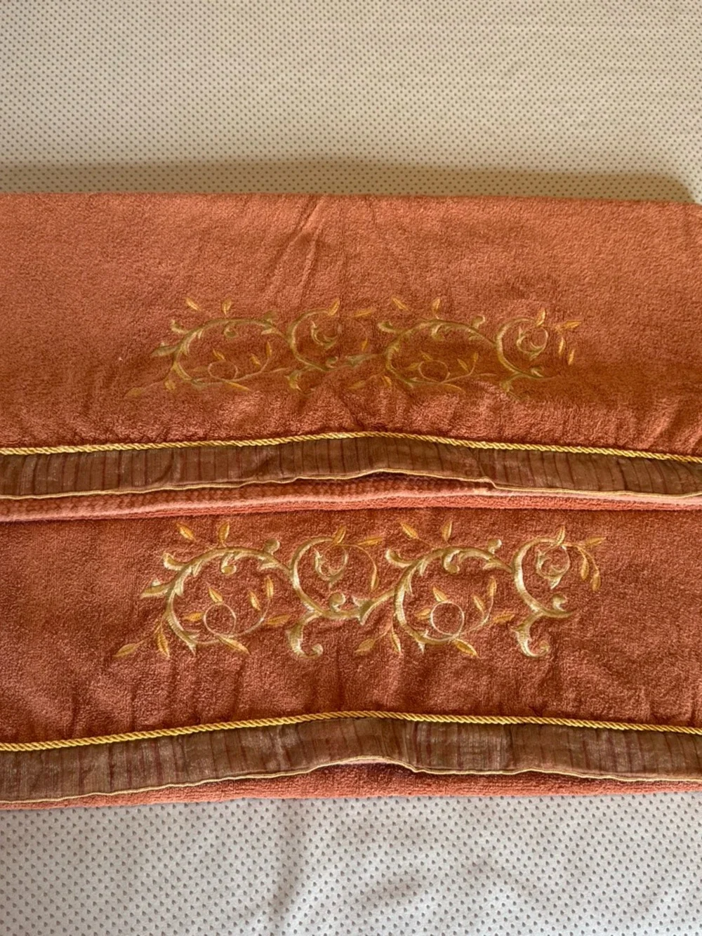 TWO Vintage Avanti Rust Orange‎ Bath Towels with Gold Embroidered Scroll
