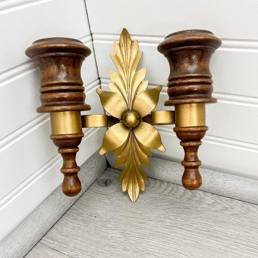 Solid‎ Wood and Brass Wall Sconce Candleholder - Vintage Hollywood Regency Decor