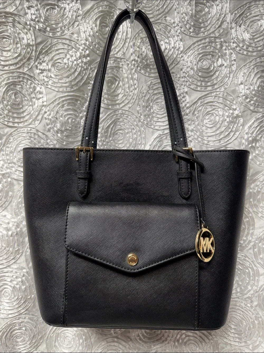 Michael Kors Black Saffiano Tote with Gold MK Charm
