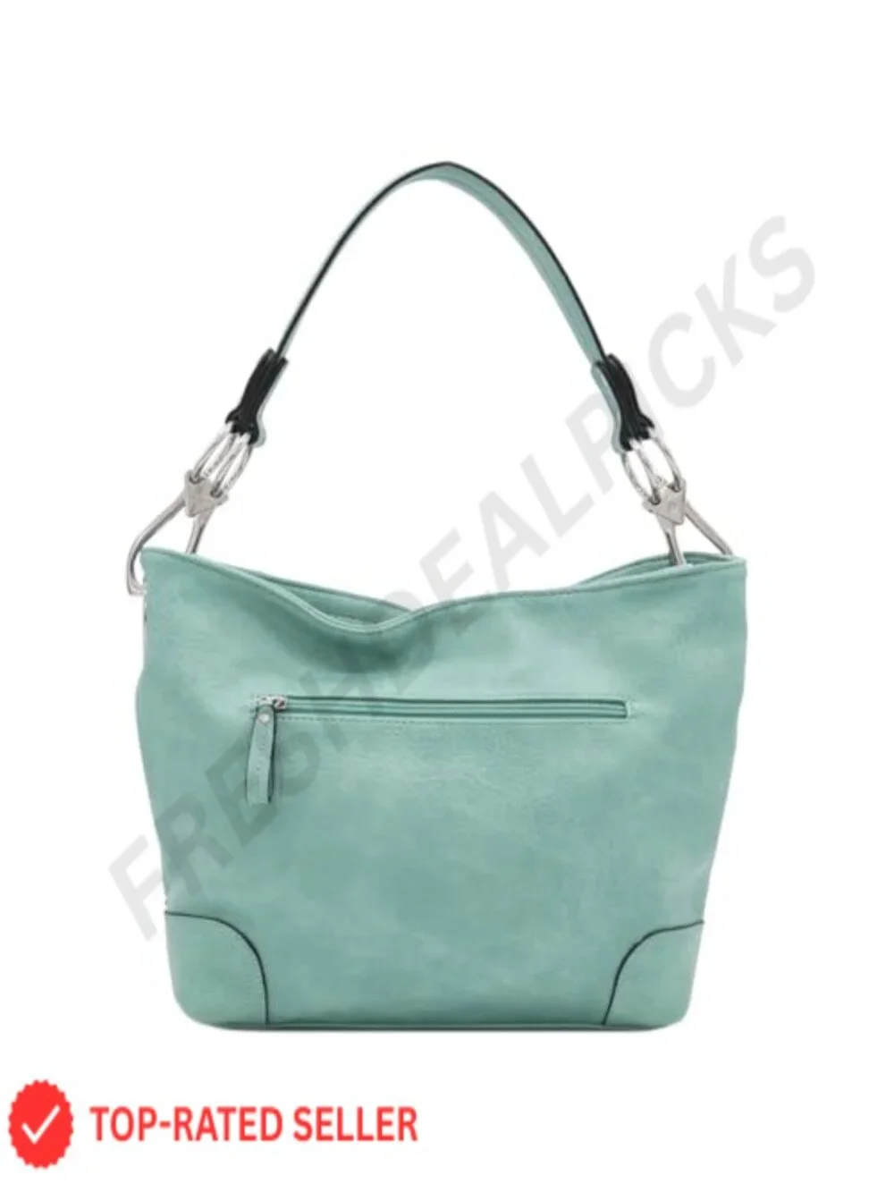 Hobo Shoulder Bag with Big Snap Hook Hardware, Faux Leather, Silver Tone