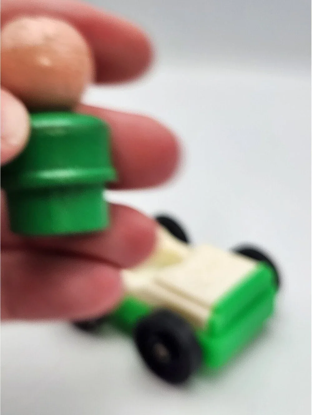 Vintage Fisher-Price Little People Wood Head Green Car & Figure Toy Vehicle C4