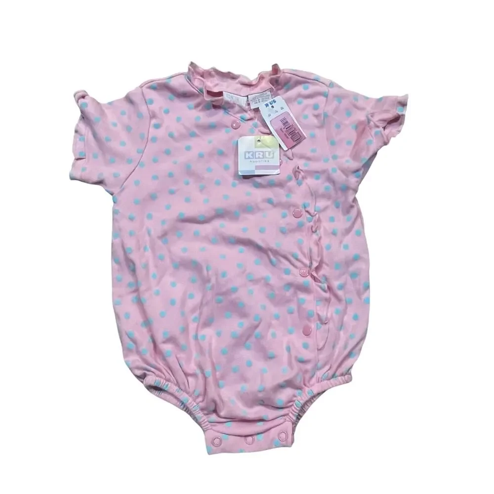 New Vintage KRU Supplies Baby Romper 12M Pink Polka‎ Dot Button Front Bodysuit
