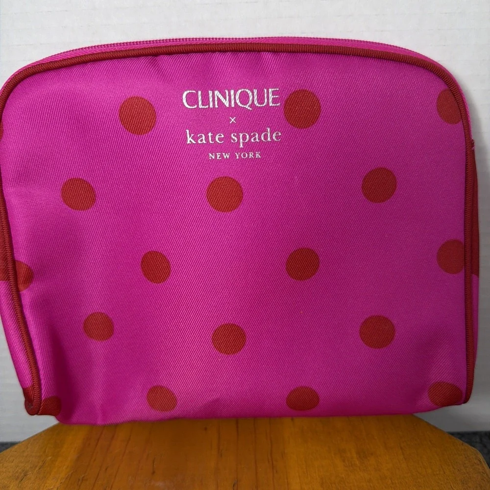 Clinique x Kate Spade Cosmetic Makeup Bag Pink Polka Dots Travel‎ Vacation