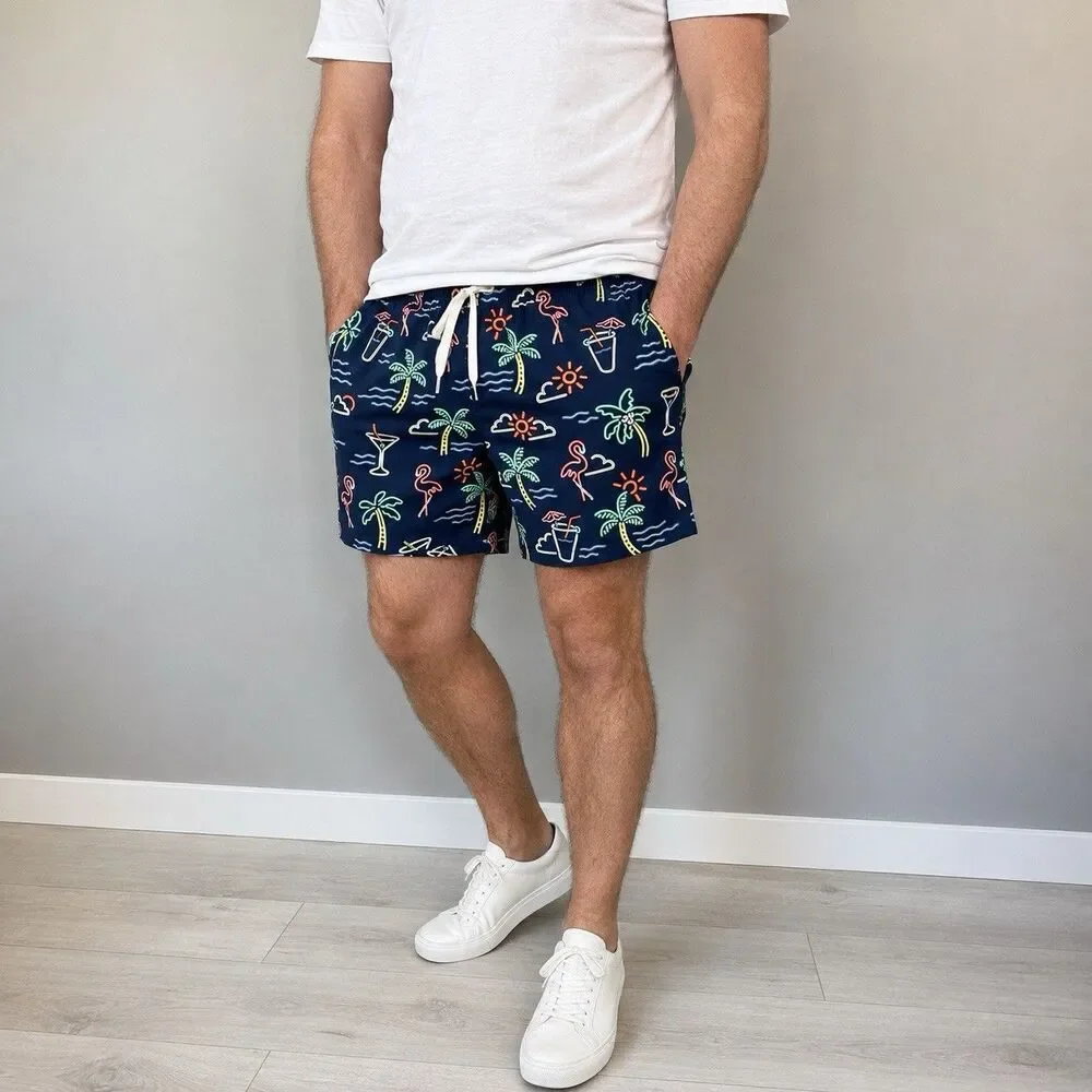 Chubbies The Neon Lights Swim Trunks Mens L 5.5” Lined Navy Flamingo