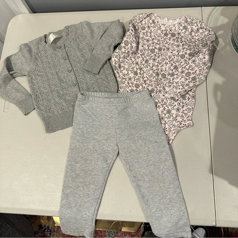 12 M Bundle Grey Sweater, Grey Sparkle Pants, Glitter Floral Long Sleeve Onesie