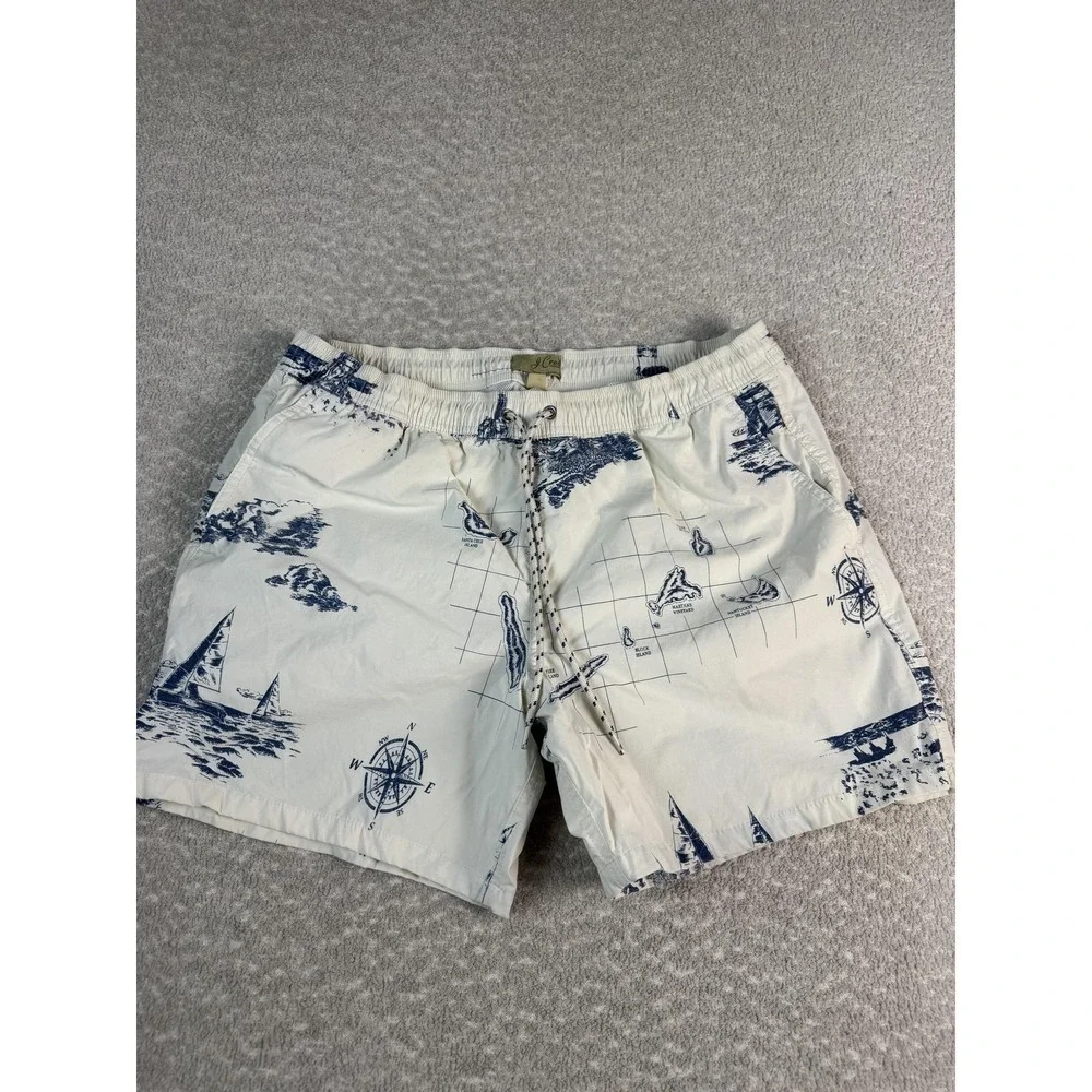 J.Crew Swim Trunks Shorts Mens Large White Nautical Map Print Lined‎ Drawstring
