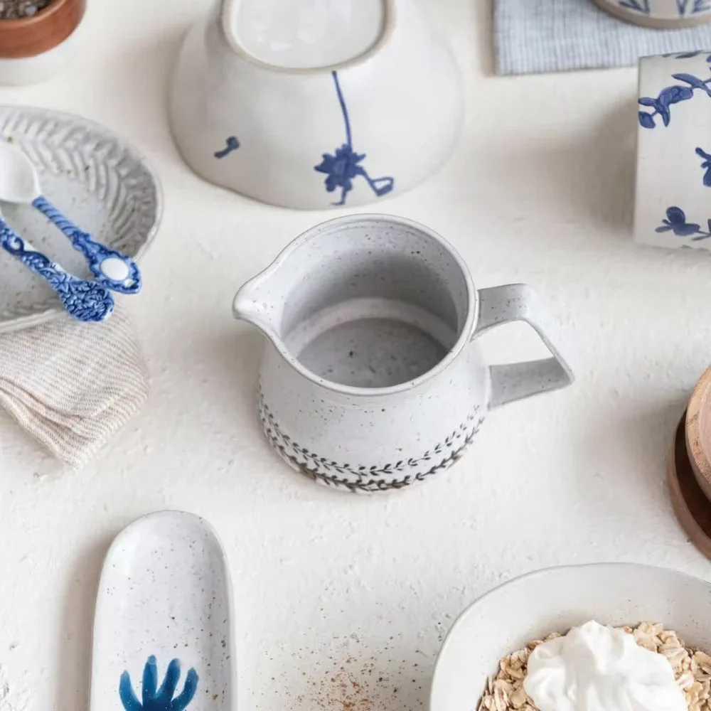 Creative Co-Op White & Black Debossed Pattern Reactive Glaze Stoneware Creamer