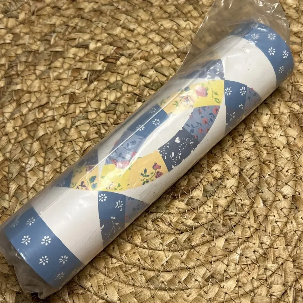 Vintage Spiegel Double Wedding Ring Quilt Wallpaper Border Blue Yellow 5 Yds NOS
