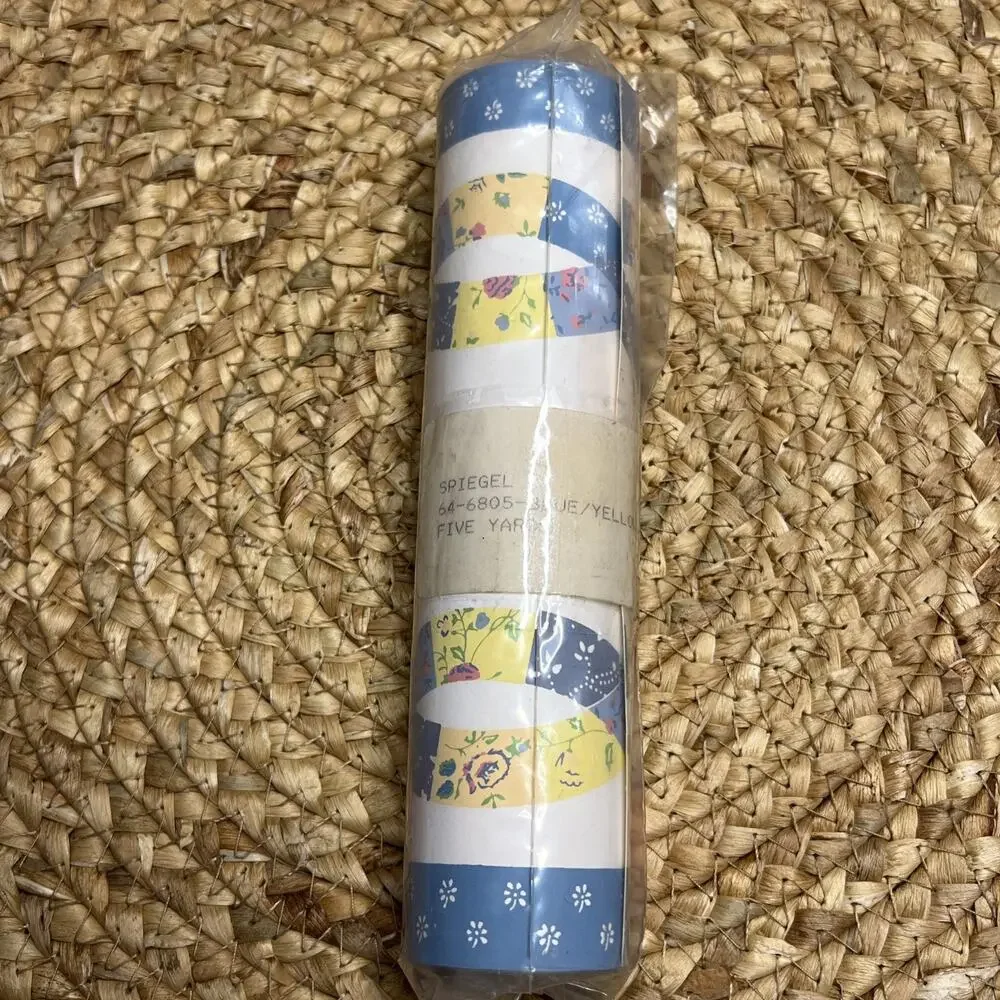 Vintage Spiegel Double Wedding Ring Quilt Wallpaper Border Blue Yellow 5 Yds NOS