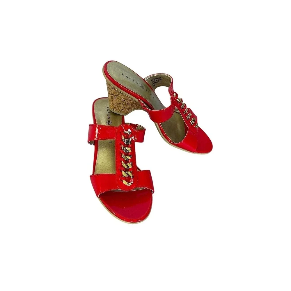 3/$20💥 Karen Scott Red & Gold Chain Embellished Slip On Kyley‎ Wedge Cork Heels
