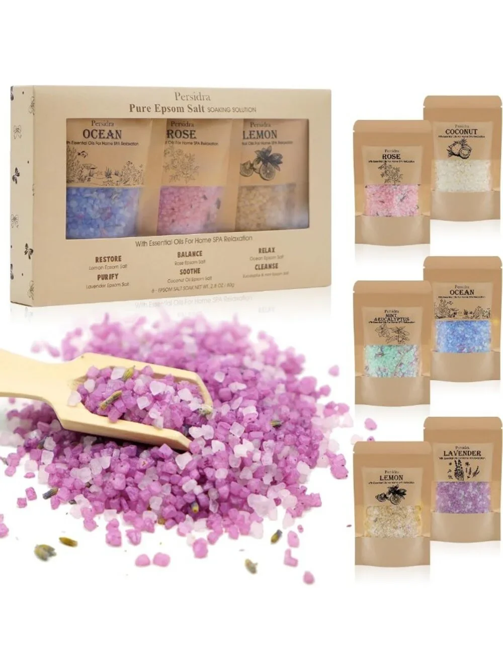 Relaxing Bath Salts Gift Set for Women & Men - 6 Scents, Natural Sea Salt