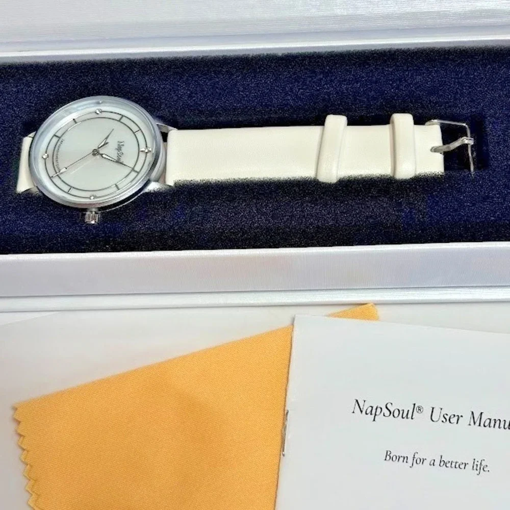 NapSoul NS0631 Silver‎ Tone Watch White Leather Strap Mother of Pearl