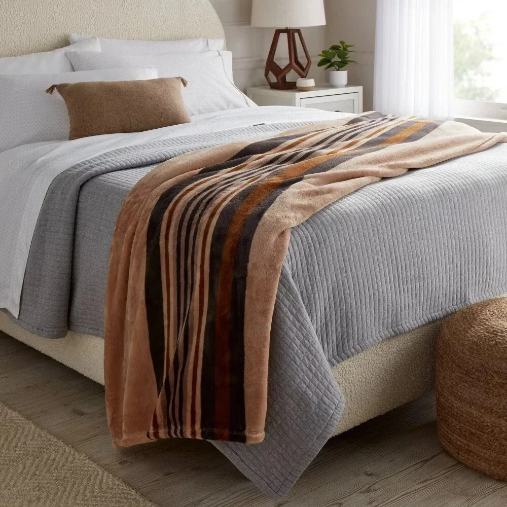 Full/Queen Microplush Blanket Khaki Border Stripe - Threshold