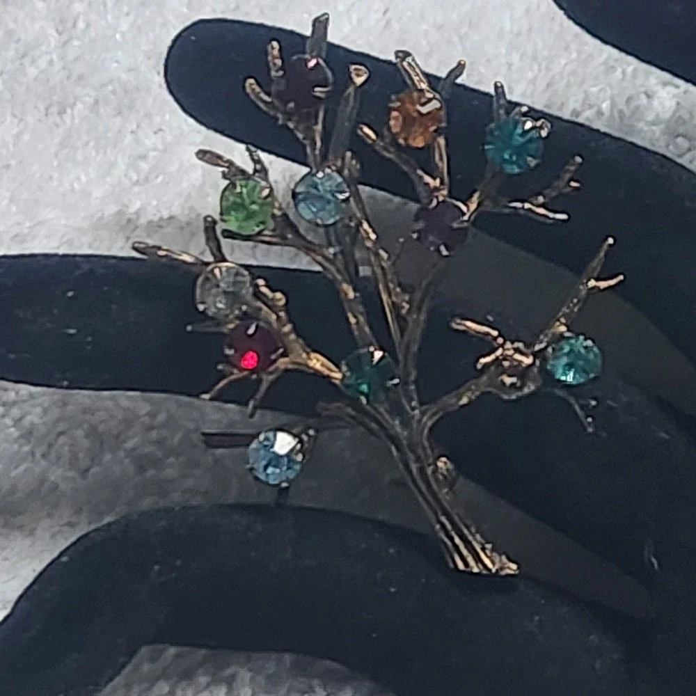 Vintage Sterling Silver Tree of Life Brooch Multi Color Rhinestone Pin‎