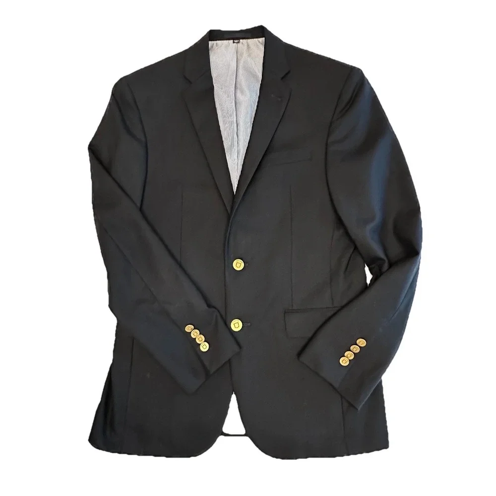 Jos A Bank 1905 Mens 37R Slim Fit Wool Blazer Navy Blue‎ Gold Crest Buttons