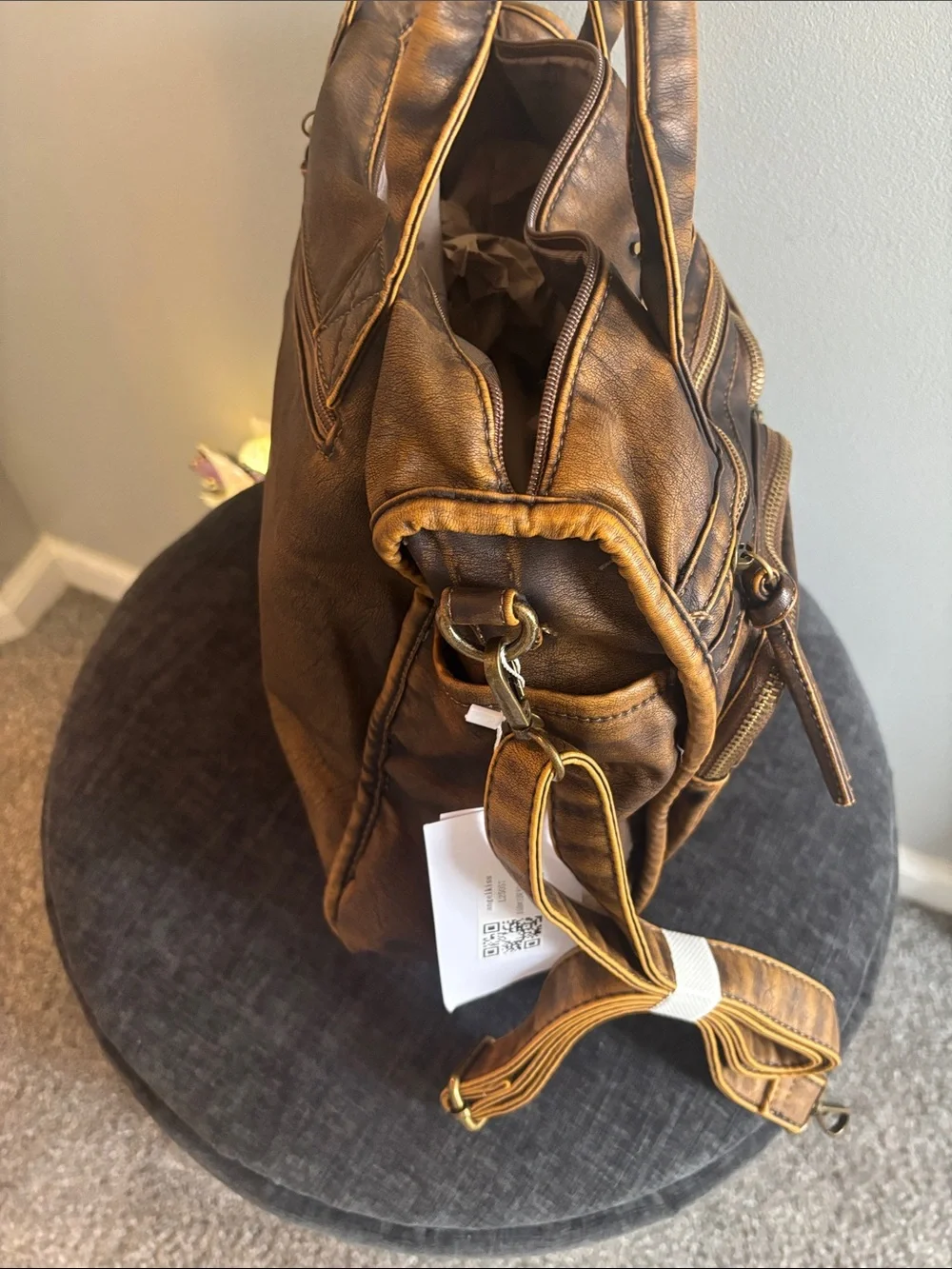 Angel Kiss Distressed Brown Faux-Leather Satchel with Gold Hardware