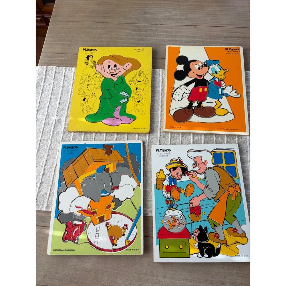 Vintage Playskool Disney Wooden Puzzles Set of 4 Mickey Dumbo Pinocchio Dopey