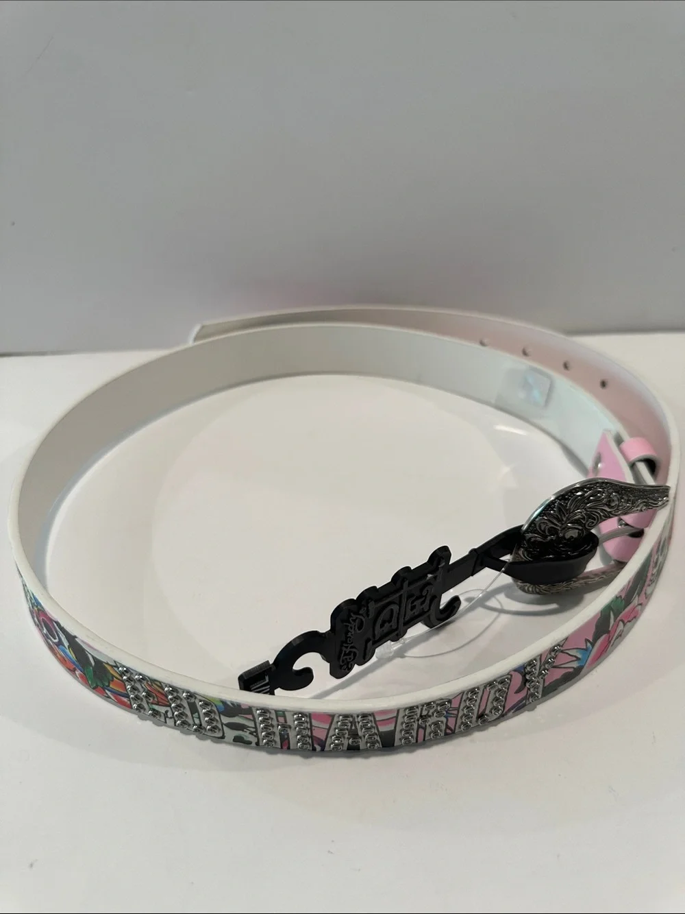 NWT Ed Hardy ladies  Luck, Love, Life Pink with Western Buckle Belt.