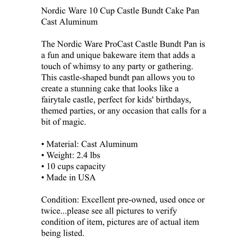 Nordic Ware 10 Cup Castle Bundt Cake Pan Cast Aluminum