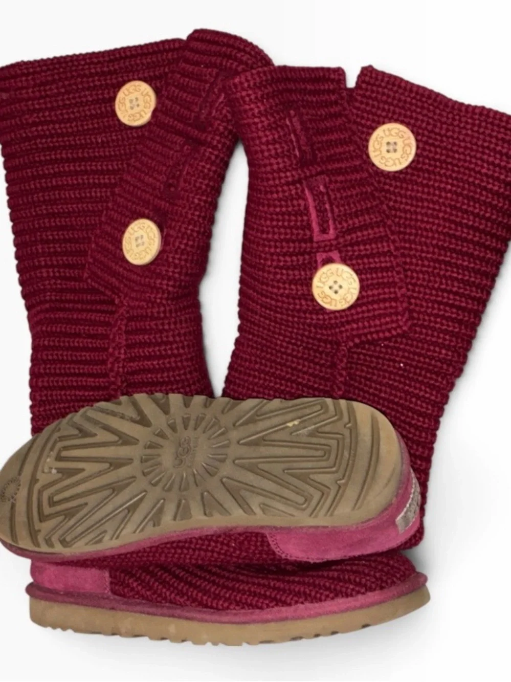 UGG Cardy Knit Boots Womens Burgundy Red Button Tall High Sz 8