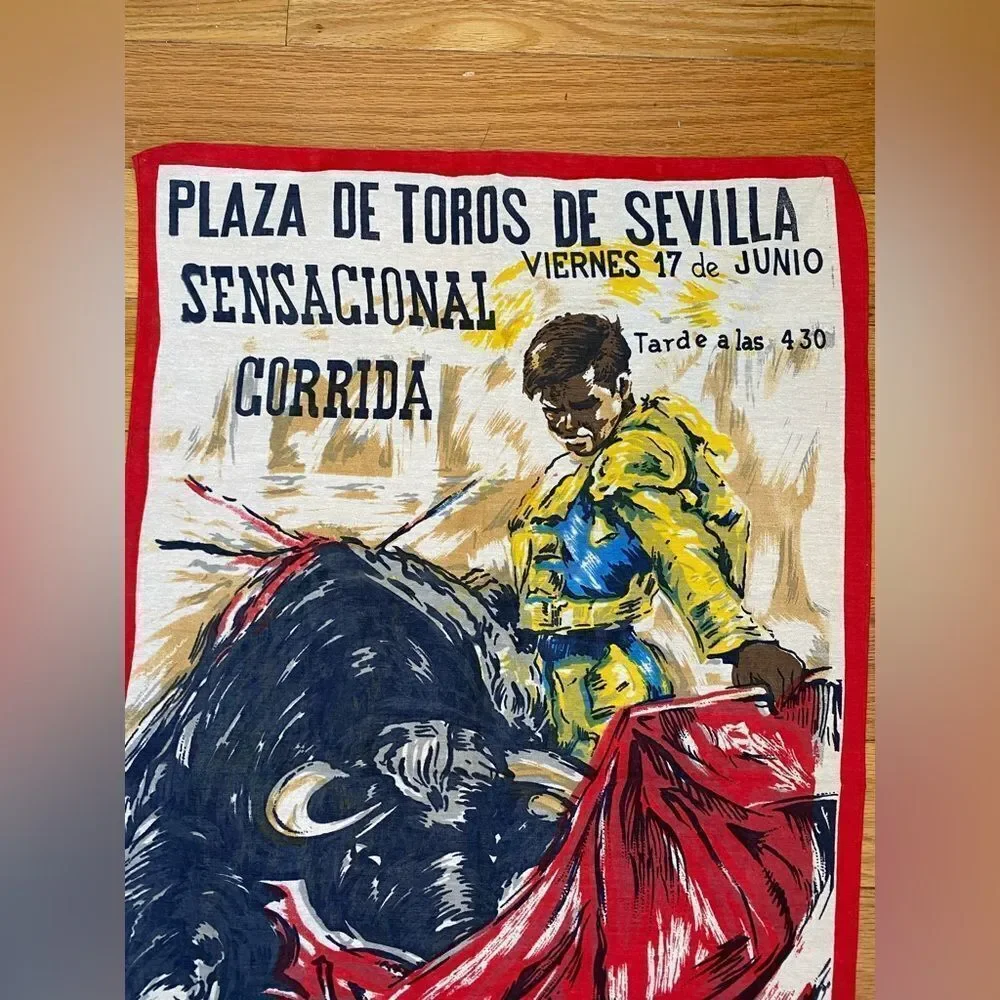 1970s Plaza De Toros de Sevilla, Sensacional Corrida Bull Fighting Scarf/Towel