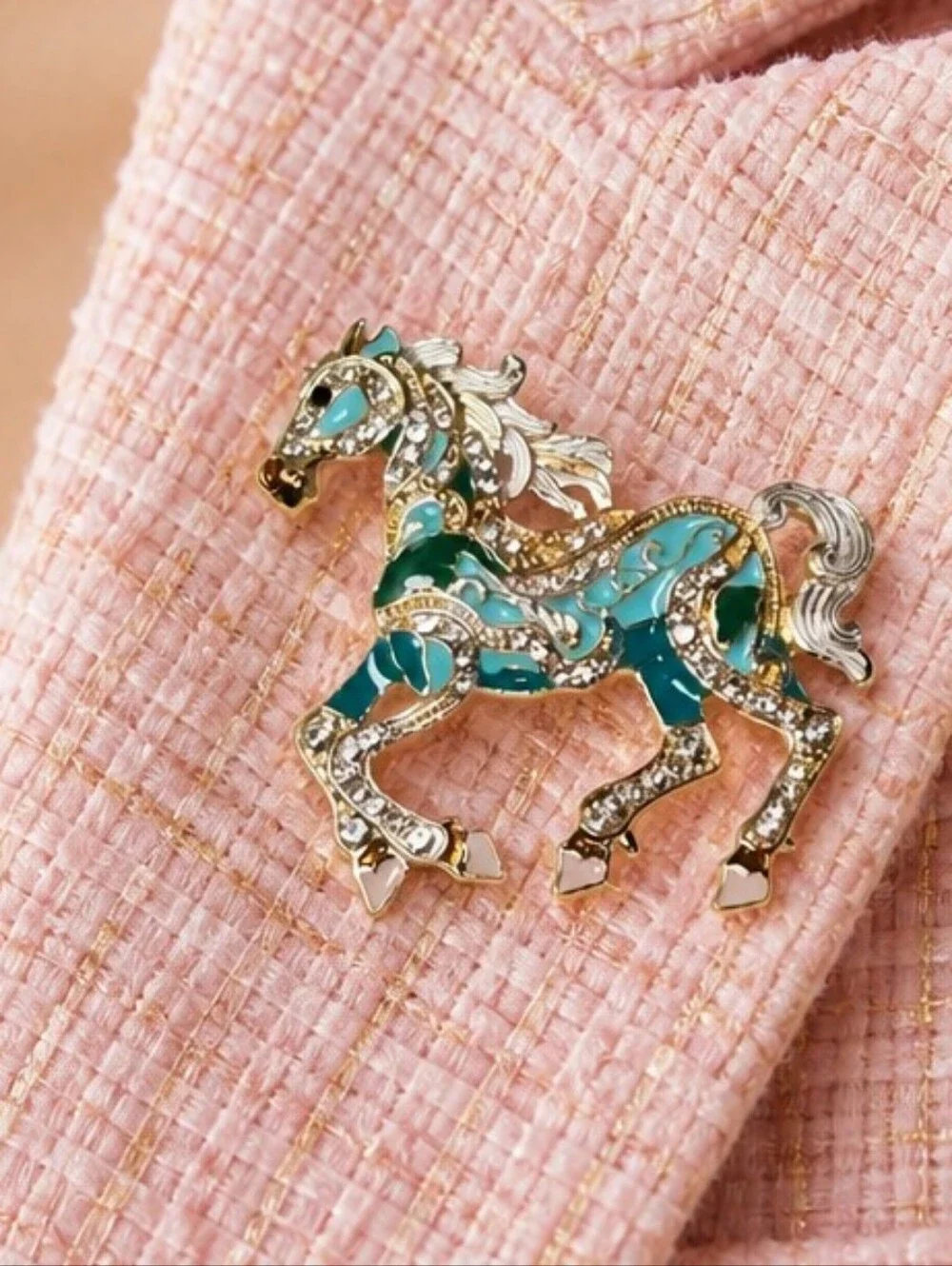 Teal Rhinestone Galloping Horse Brooch Western Equestrian Pin Whimsy Equine Gift