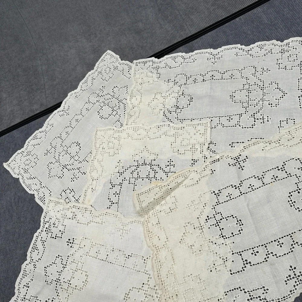 Vintage Cream Lace Placemats Set of 5 Openwork Scalloped Linen Rectangular 16x11