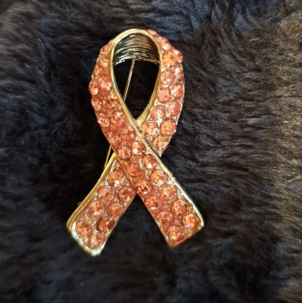 Silver Pink Rhinestone Ribbon Brooch Pin