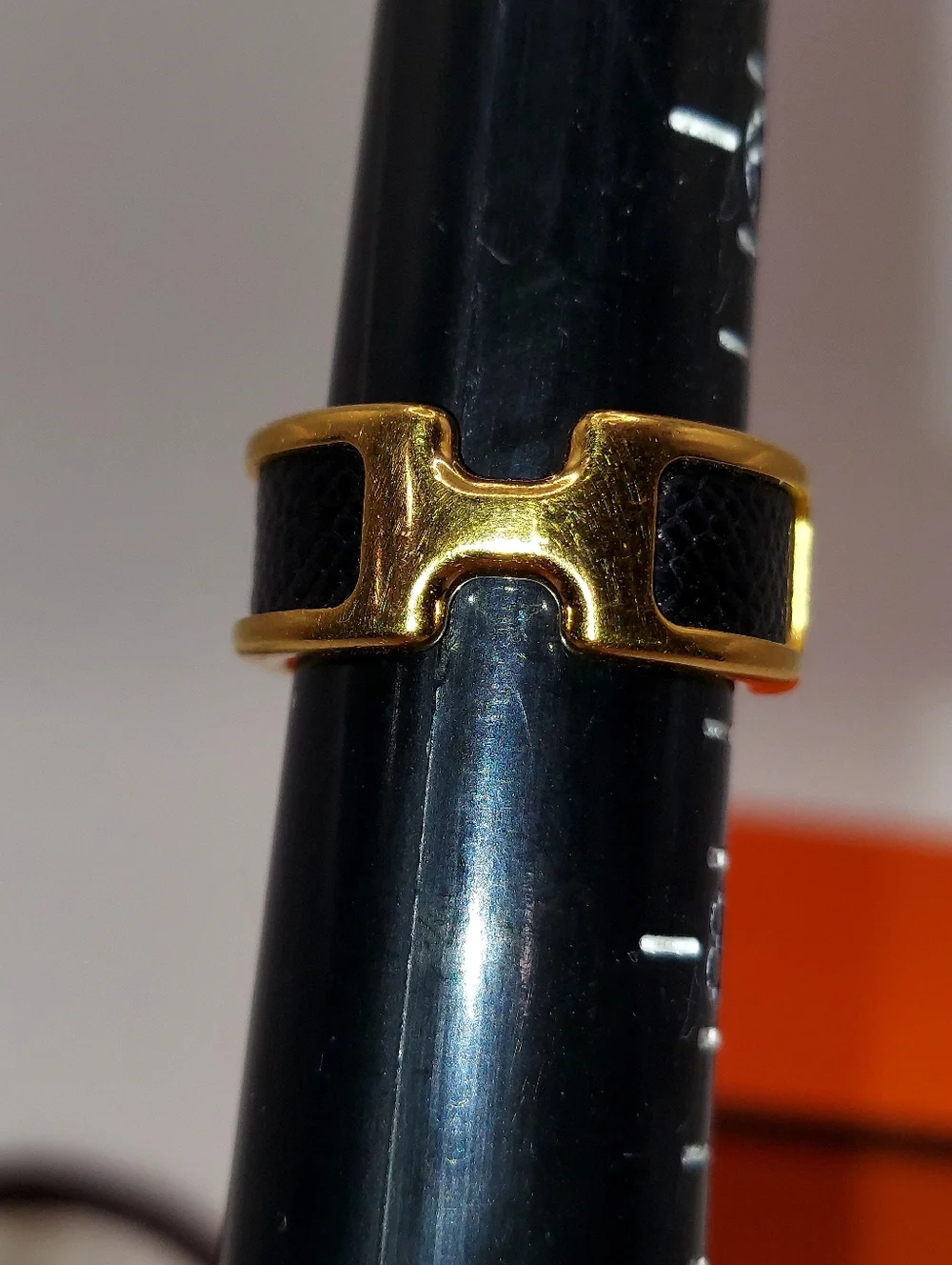 HERMES OLYMPE RING Gold Tone With Black Leather Sz M 6.75/7.25
