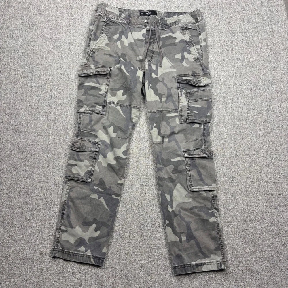 Hollister Cargo Pants Mens XL Slim Straight Grey Camouflage Epic Flex Drawstring