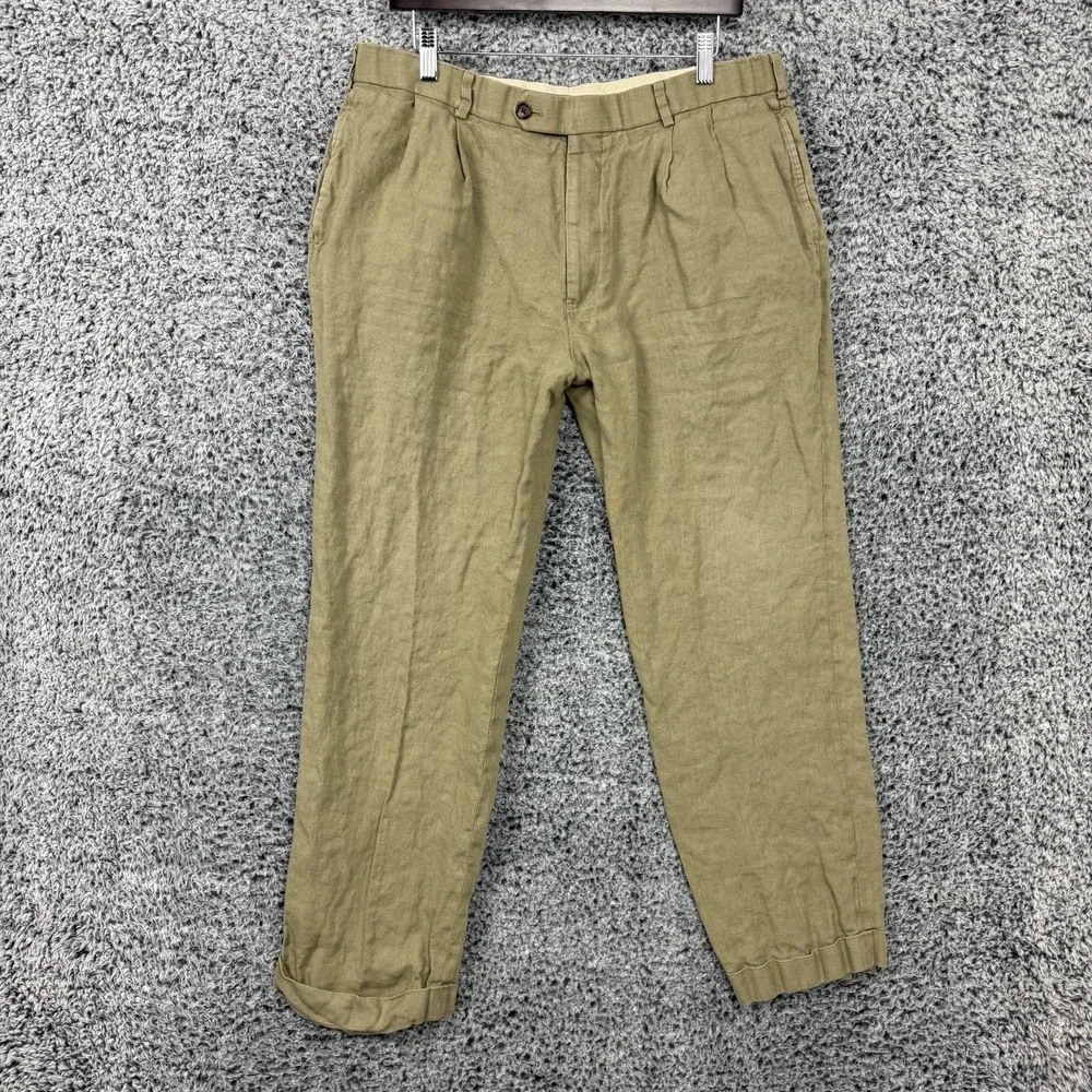 Brooks Brothers Pants Mens 38x30 Beige Irish Linen 1818 Madison Pleated Cuffed