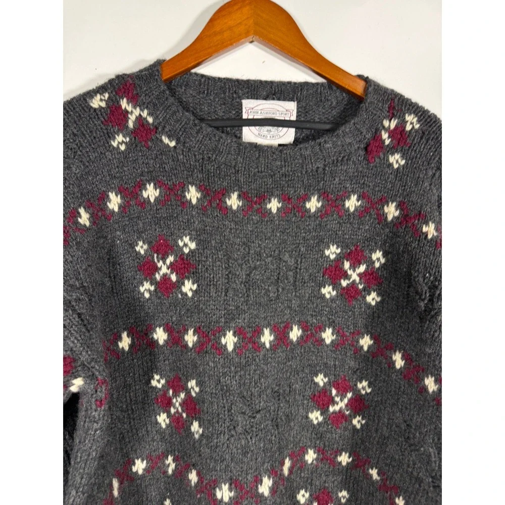 John Ashford Sport Mens Gray Fair Isle Shetland Wool Hand Knitted Sweater Medium