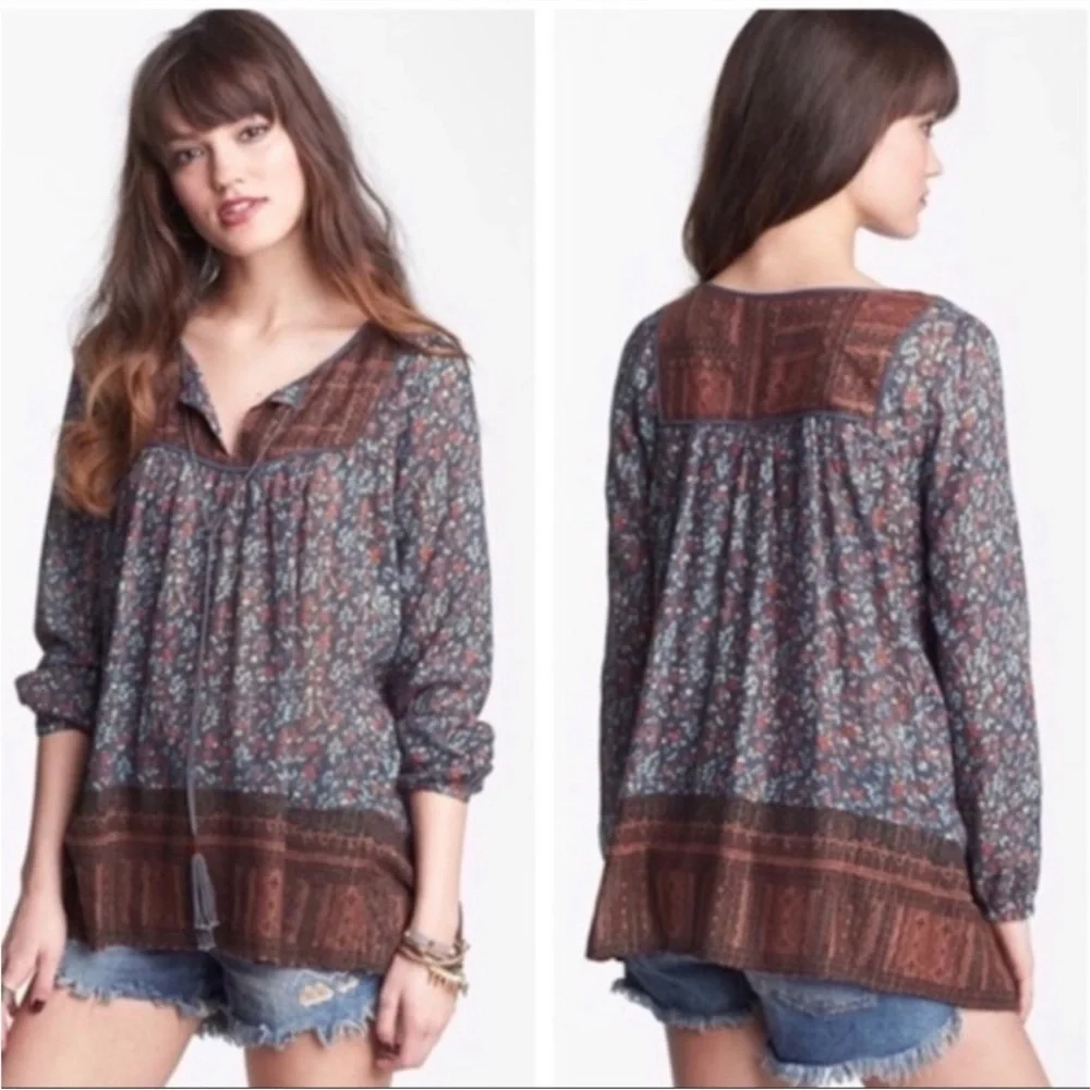 Free‎ People Dream Lovers Tunic Navy Brown Floral metallic Medium Boho Festival