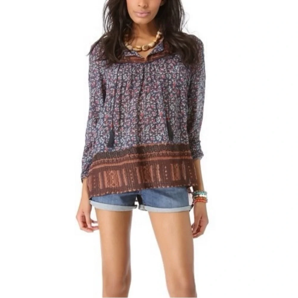 Free‎ People Dream Lovers Tunic Navy Brown Floral metallic Medium Boho Festival