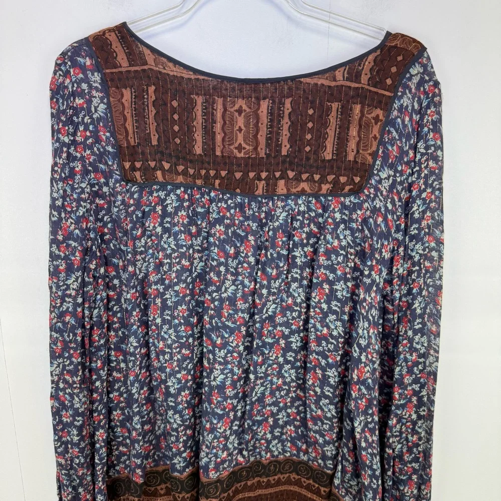 Free‎ People Dream Lovers Tunic Navy Brown Floral metallic Medium Boho Festival