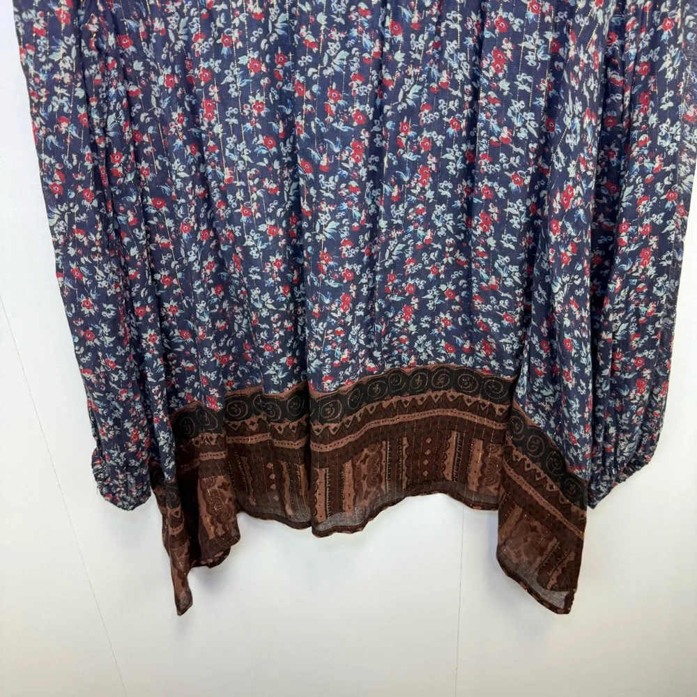 Free‎ People Dream Lovers Tunic Navy Brown Floral metallic Medium Boho Festival