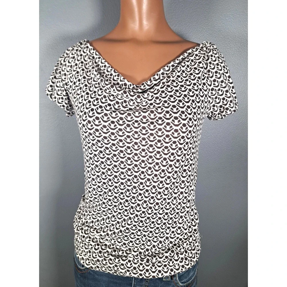 Banana Republic Y2K Brown White Geometric Cowl Neck Puff Sleeve‎ Shirt XS