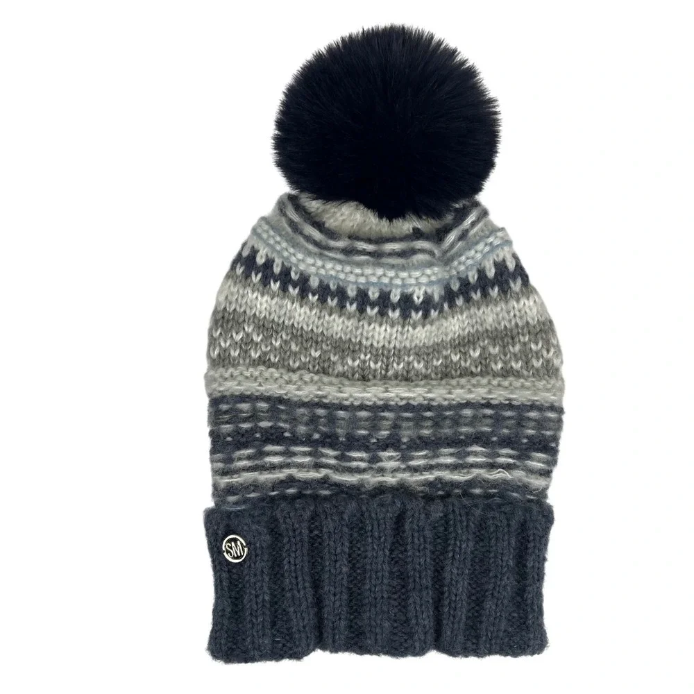 Steve Madden Womens‎ Fair Isle Knit Beanie Navy Grey Faux Fur Pom Pom One Size