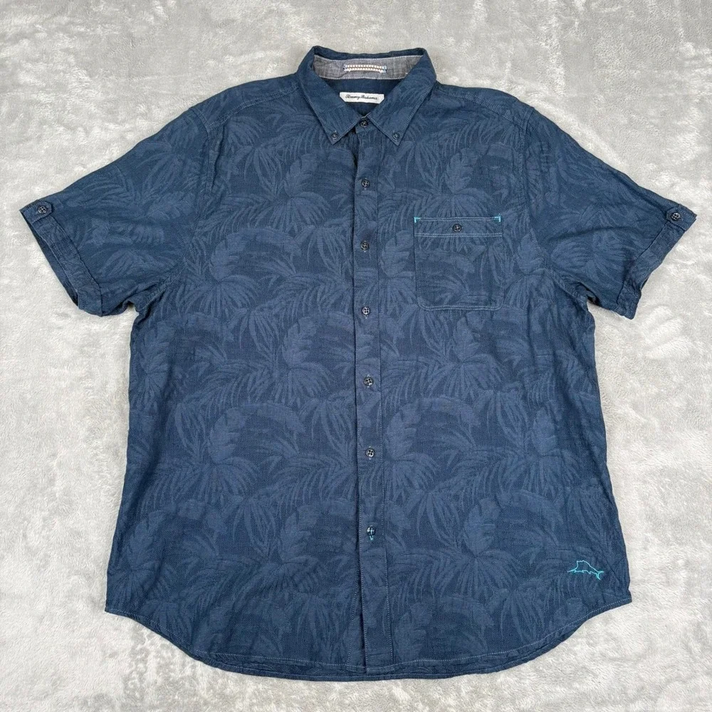 Tommy Bahama Mens‎ Large Blue Palm Tree Print Button Up Shirt Tropical Resort
