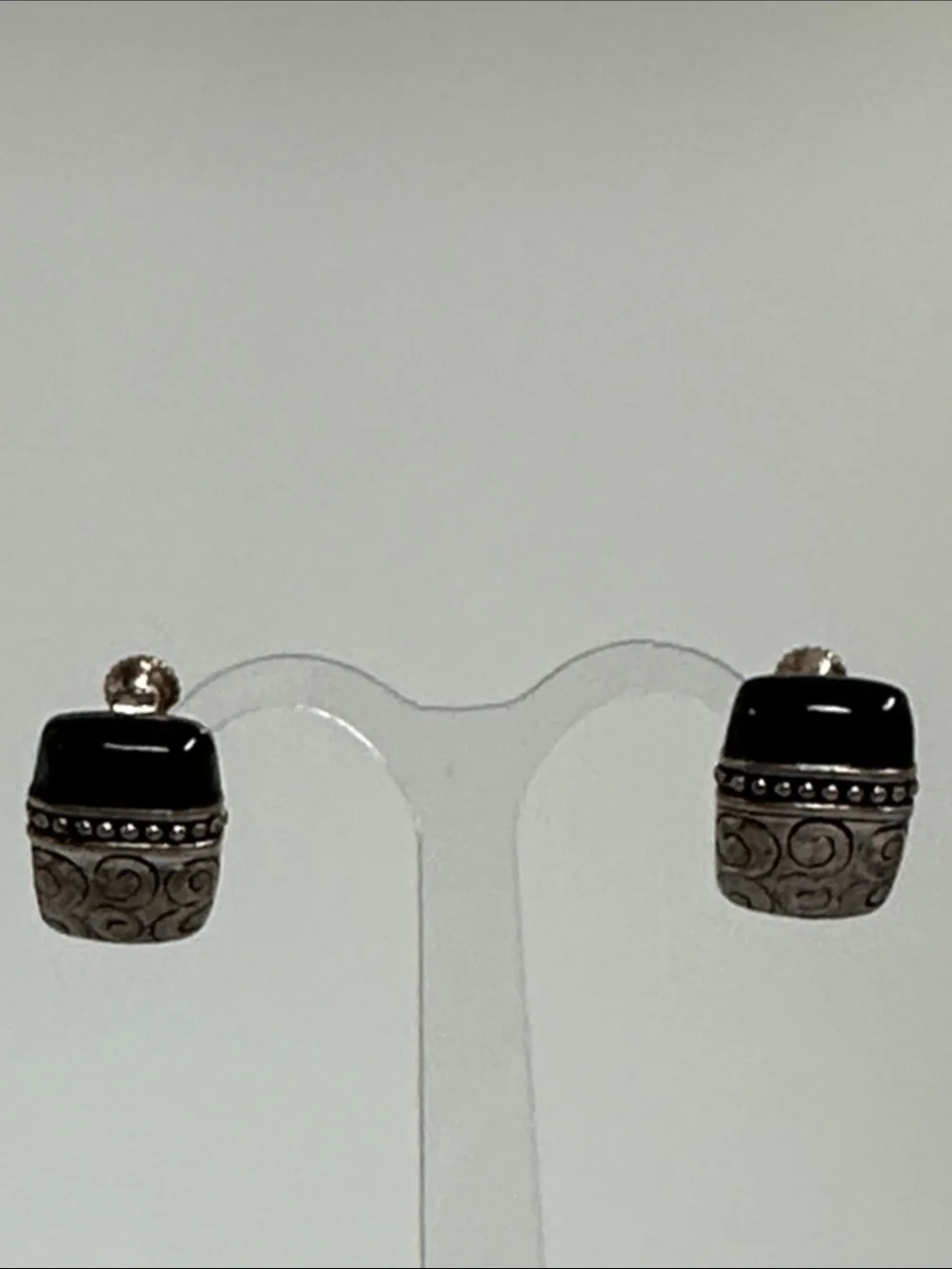 Vintage Mapier Black and Antique Silver Scroll Stud Earrings