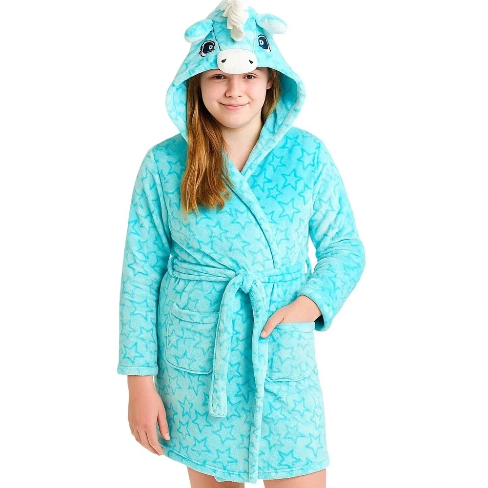 Jellifish Kids Girls XL 14/16‎ Blue Unicorn Hooded Plush Star Bath Robe Cozy