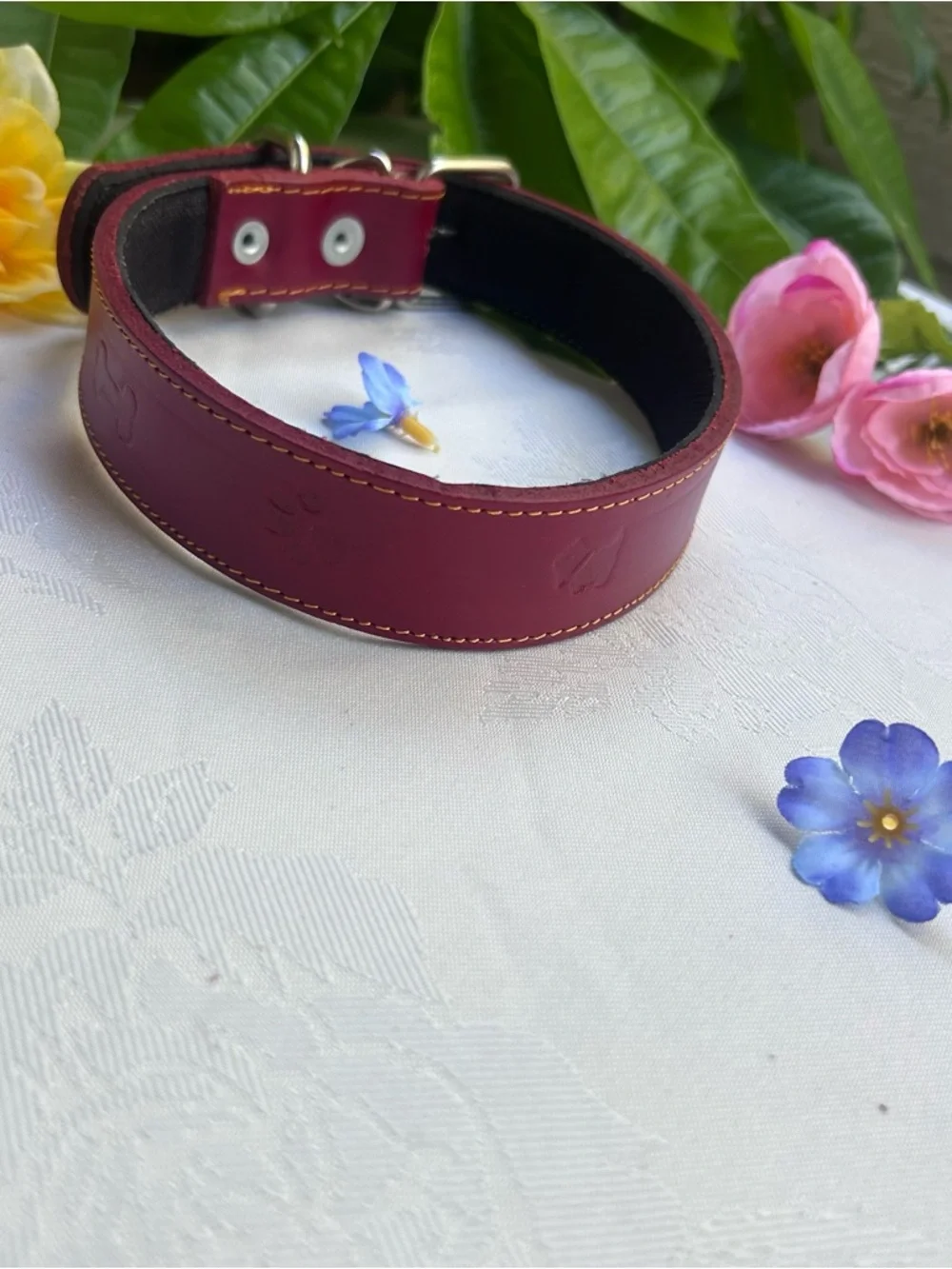Classic Leather Dog Collar Red Burgundy Adjustable 15-21” handcrafted M/L Dog