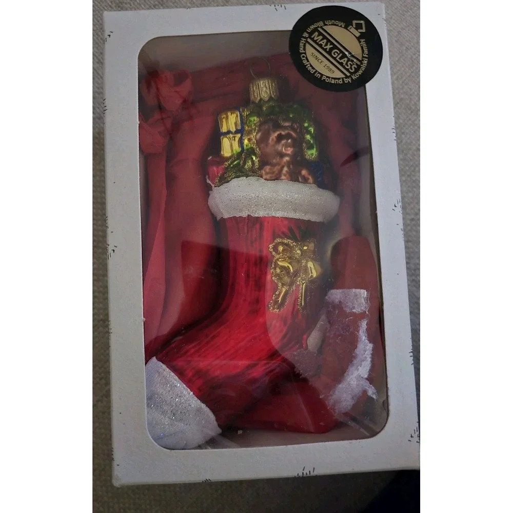 Max Glass Poland Red Stocking Ornament Hand Blown Painted Glitter Christmas Bear