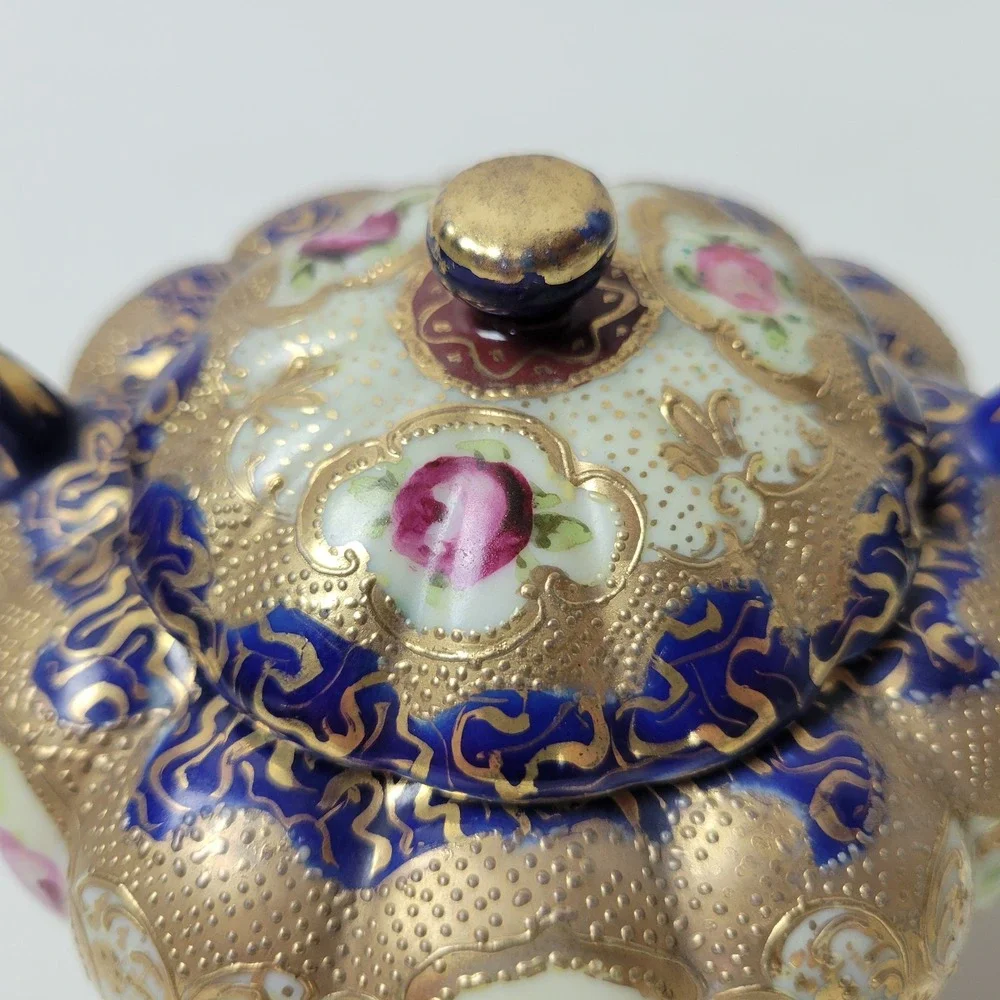 Antique Nippon Sugar Bowl Cobalt Blue Gold Moriage Hand Painted Roses Japan