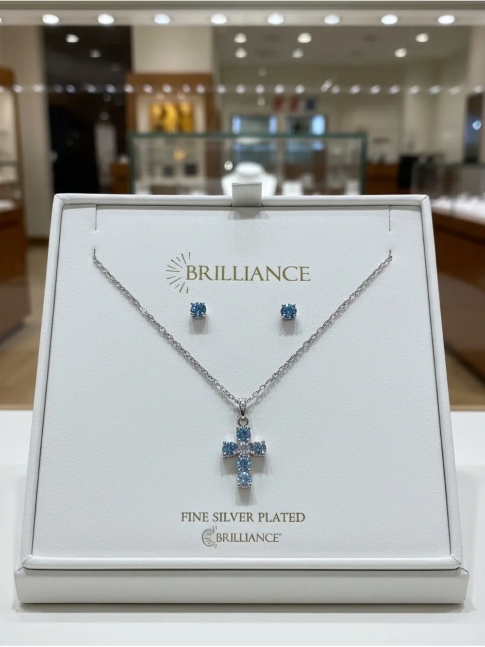 NIB Brilliance Blue Topaz Cross Pendant & Stud Earring Set (MRSP $50)