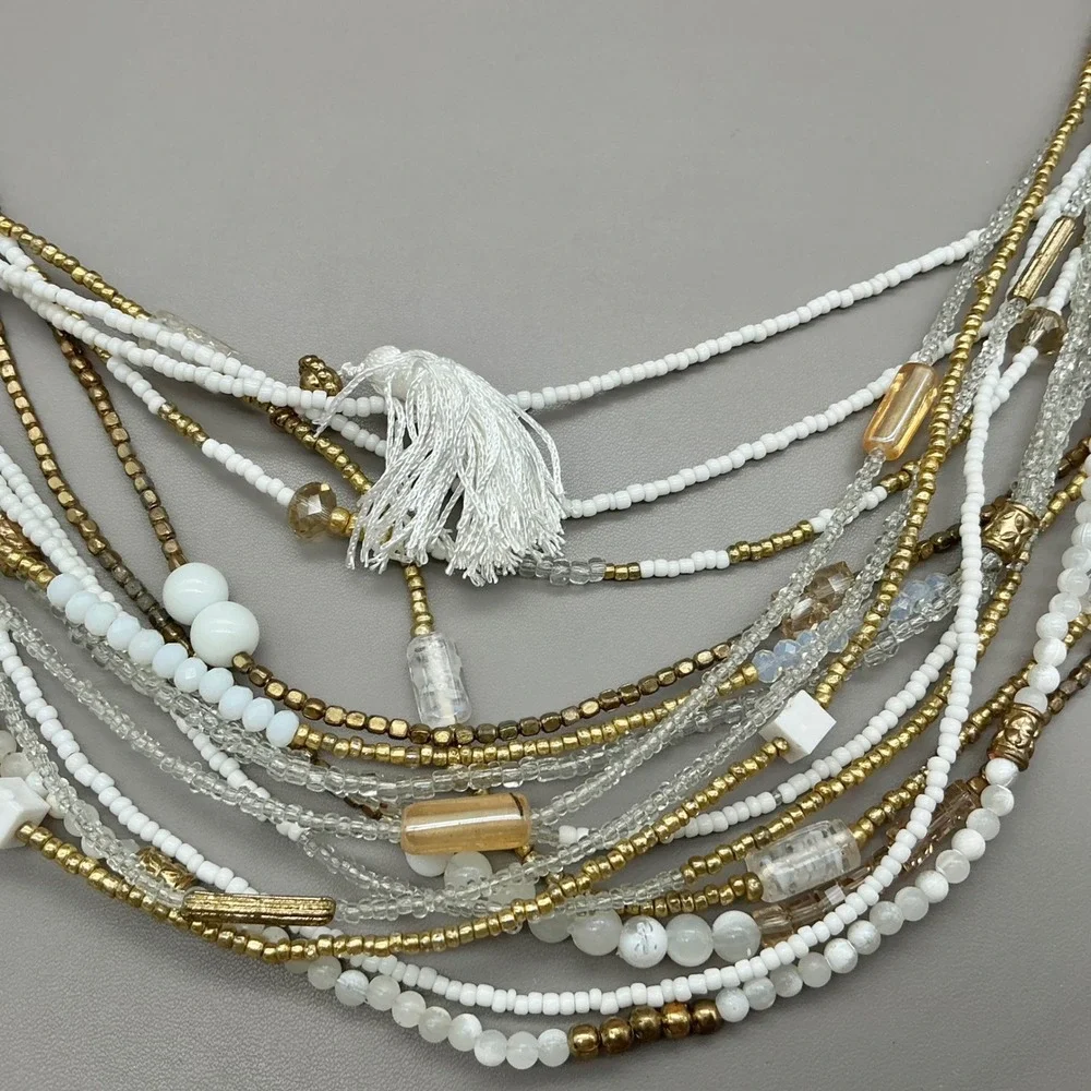 Chico's Necklace NWT White Gold Multi Strand Seed Bead Tassel Statement Jewelry