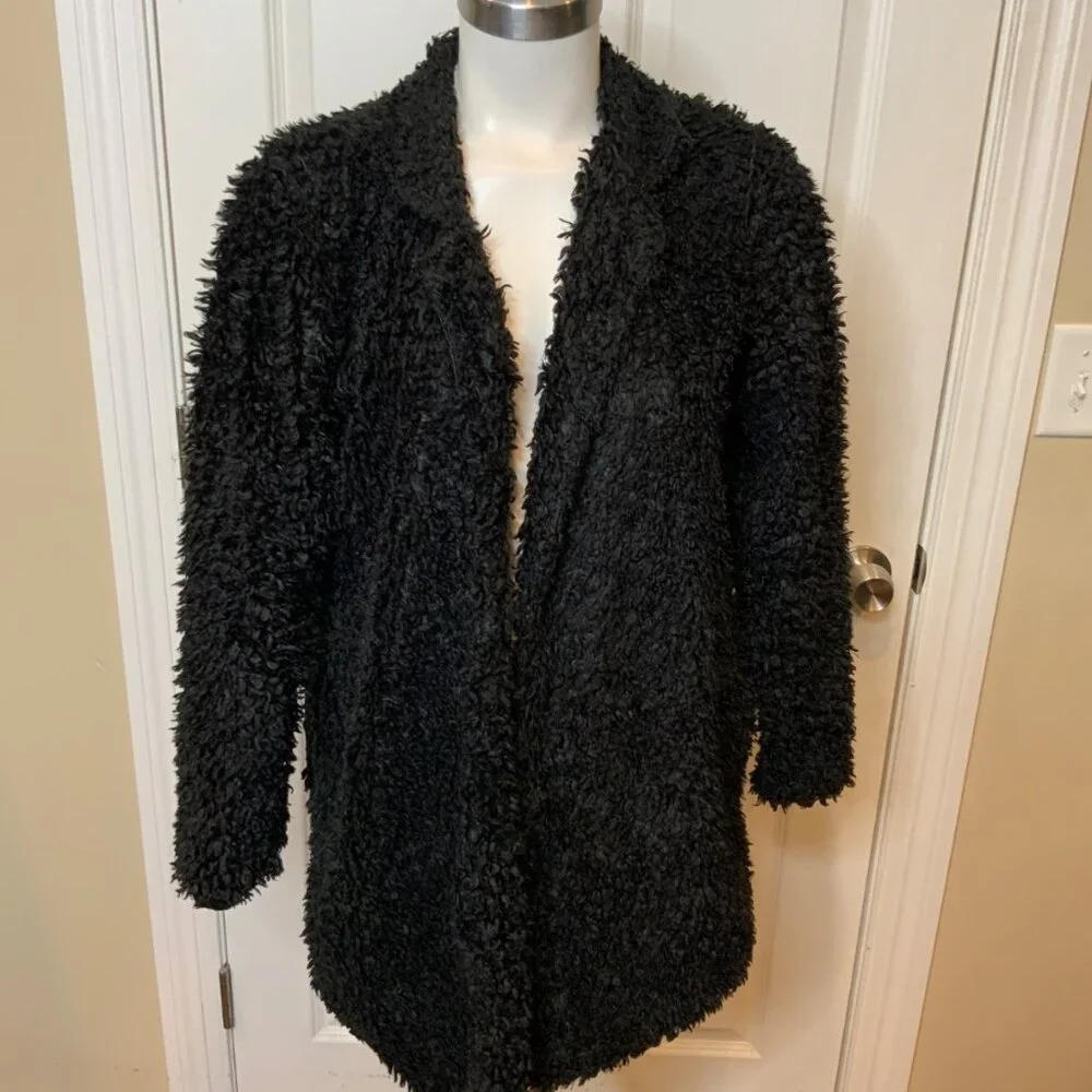 bishop + young Black Faux Fur Open Front Collared Jacket Size M