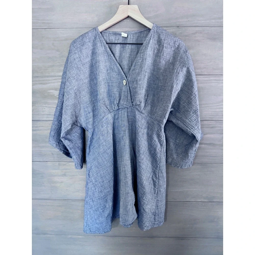 Muslin Comfort Blue‎ Chambray Tunic Dress V-Neck Kimono Sleeve Boho Women Small