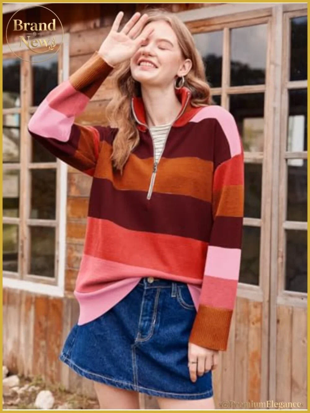 Women's Oversized Half Zip Pullover Sweater - Striped Long Sleeve V-Neck