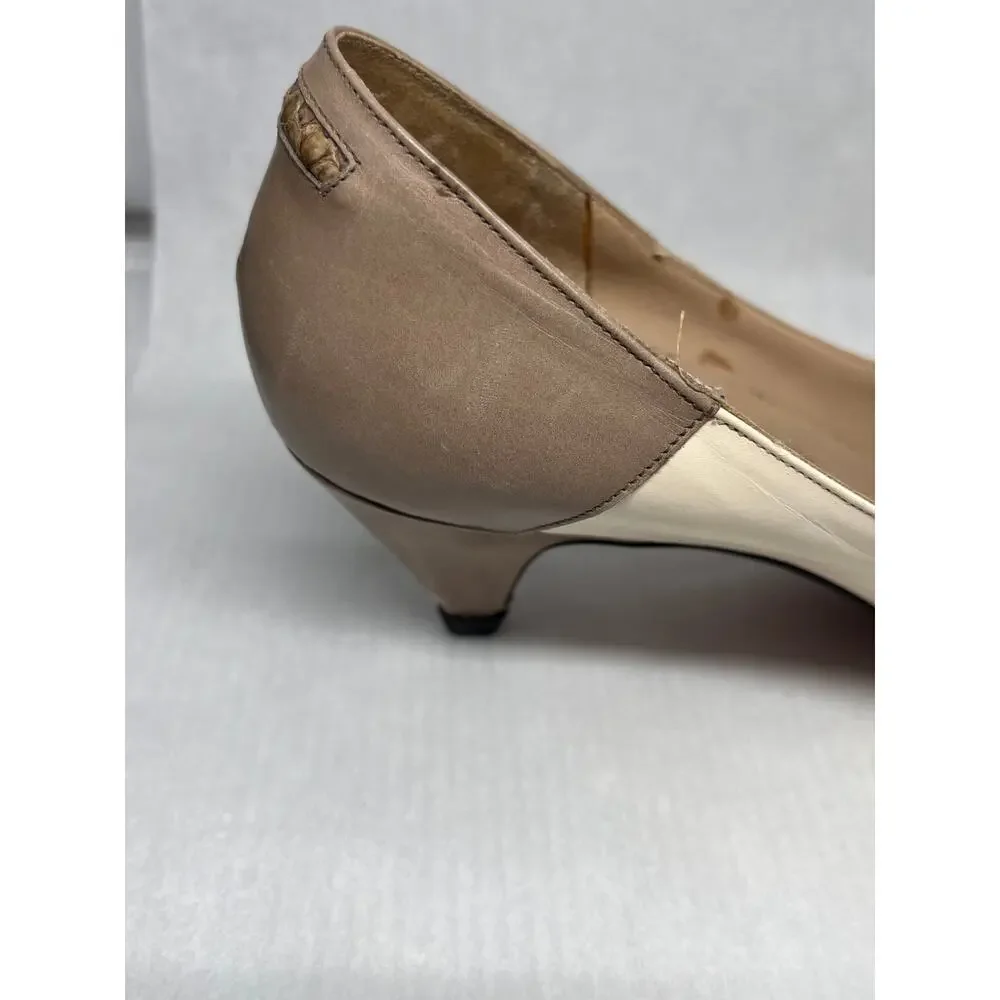 Amalfi Italian Leather Cream and Tan Pumps with Snakeskin Design Size 6.5
